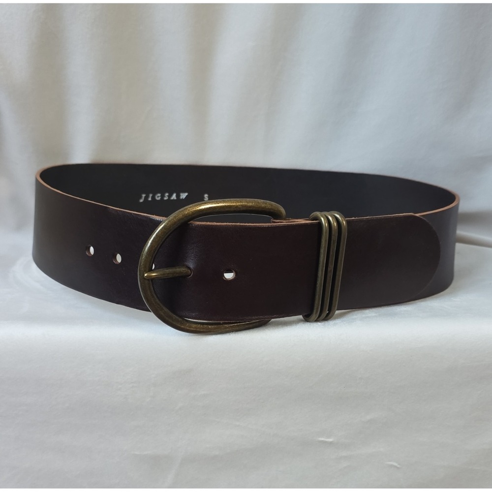 NWOT Jigsaw London wide brown leather belt. Size S. Vintage brass oval buckle